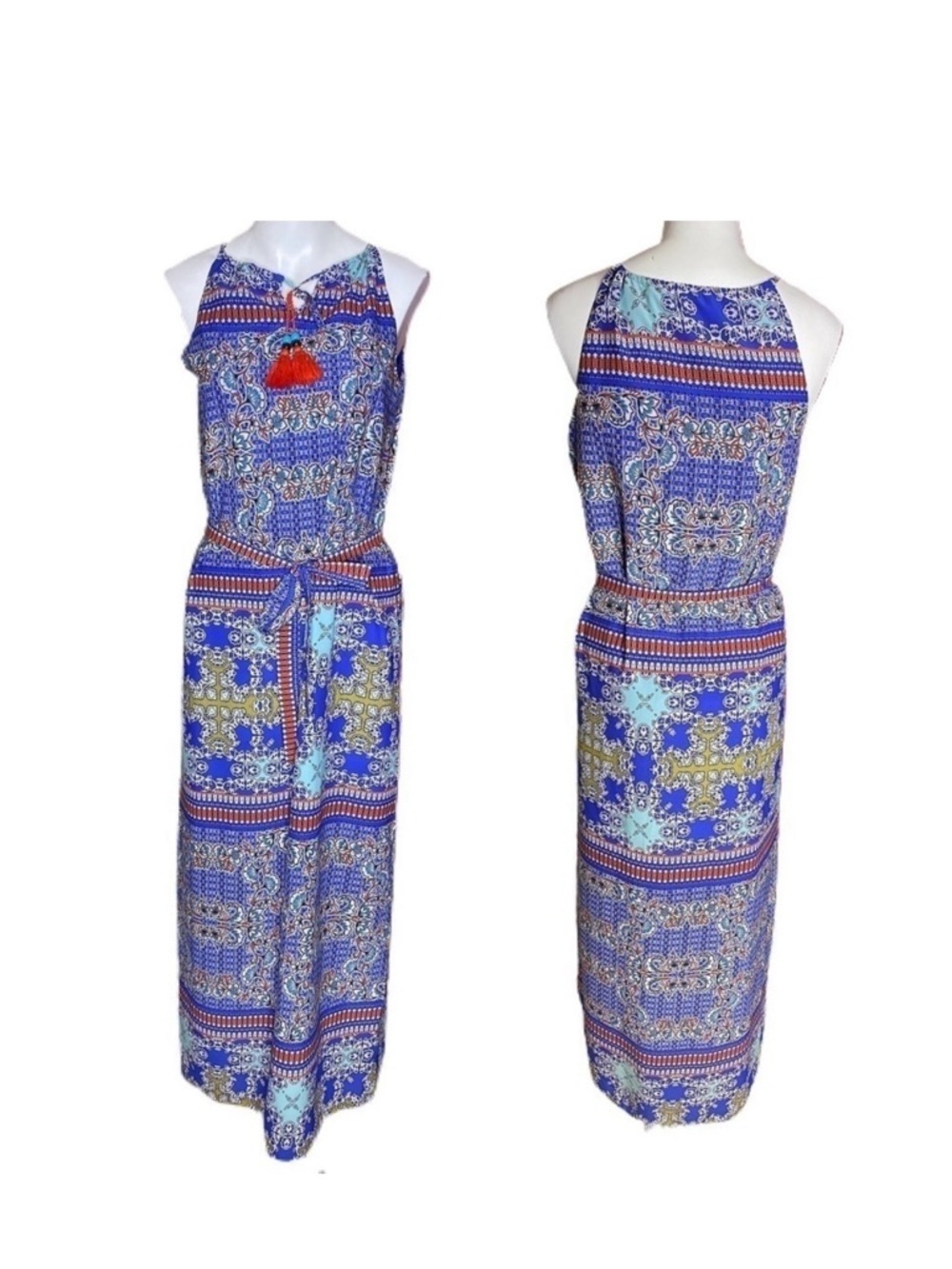 The Limited Blue Printed Halter Maxi Dress with Tassel Ties.